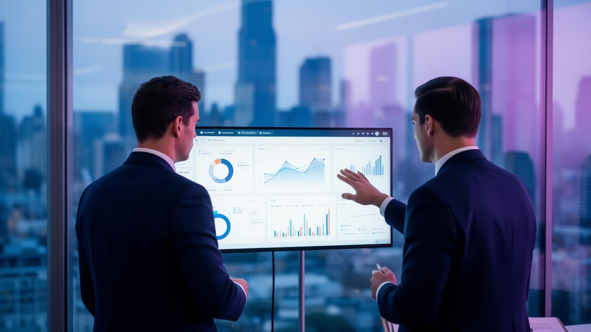 Executivos analisando indicadores financeiros corporativos